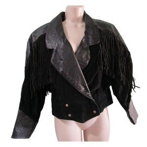 Suede Fringed Ostrich Print Leather Vintage Ladies M Jacket Broad Shoulder GUC